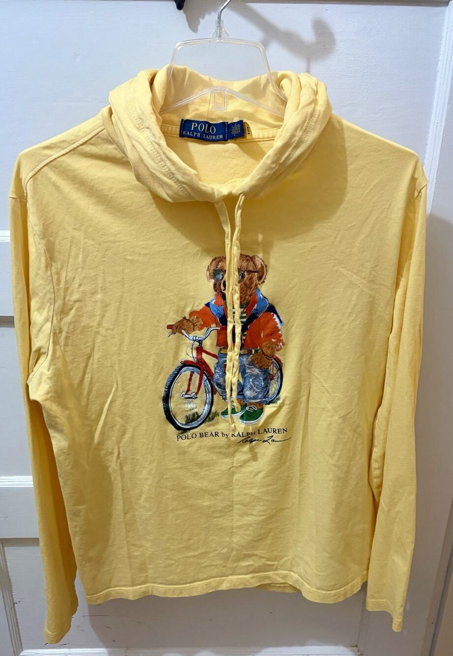 T-12 Polo Ralph Lauren Yellow Bicycle Polo Bear Graphic Hooded T-Shirt Large